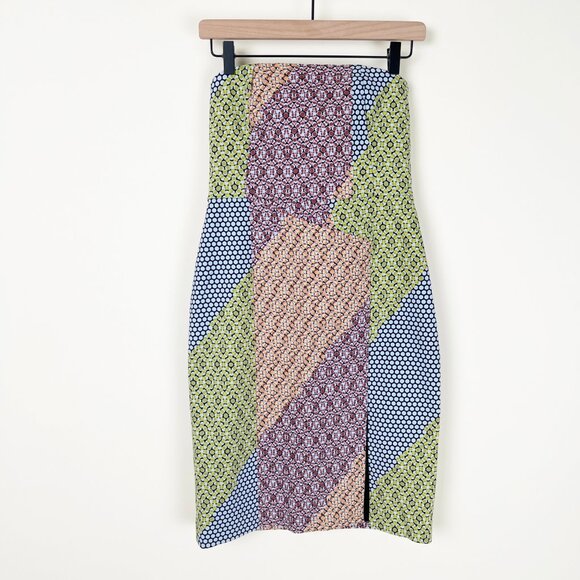 Kate Spade Patchwork Print Mini Midi Dress Cocktail Slit Strapless Wedding Guest - Picture 1 of 8